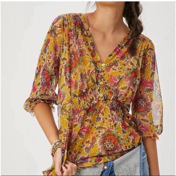 Anthropologie Gretchen Sheer Floral Blouse Mustard Yellow Small - Picture 7 of 7